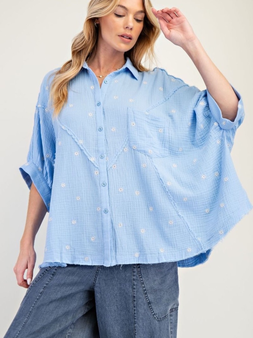Easel Sky Blue Floral Embroidered Loose Fit Button Down Shirt - Picture 1 of 6